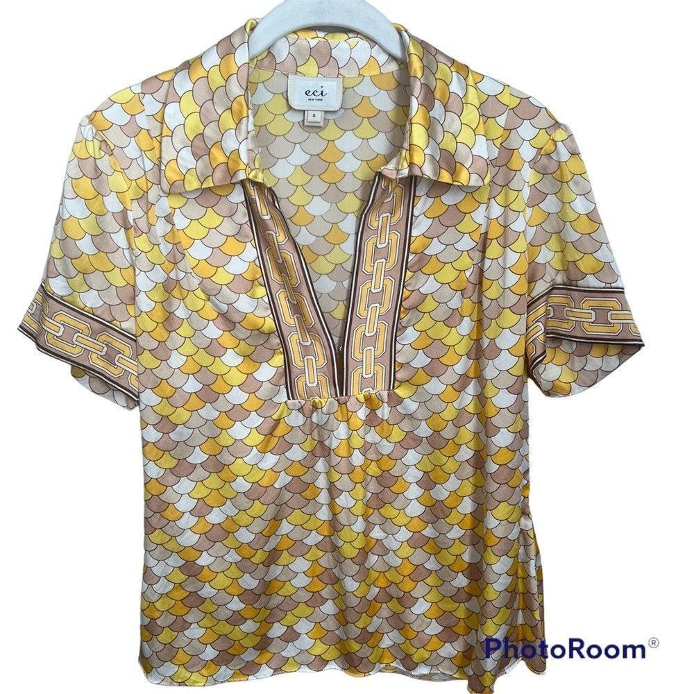 Vintage 90's ECI Silk Blend Fish Scale Blouse size Small Short Sleeve Retro Top